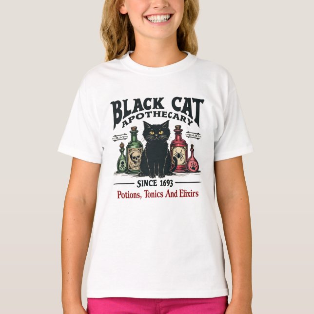 Retro Scary Black Cat Apothecary Witchy Wicca  T-Shirt (Front)
