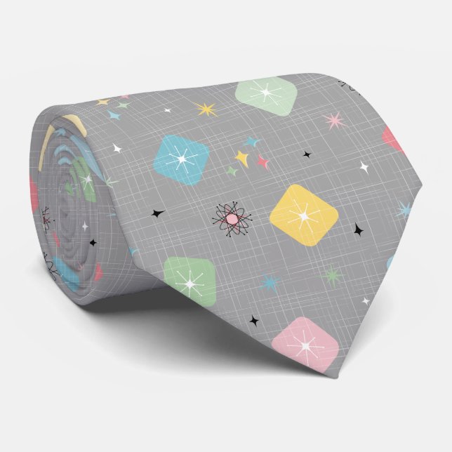 Retro Scattered Atomic Star Explosions Pattern Neck Tie (Rolled)