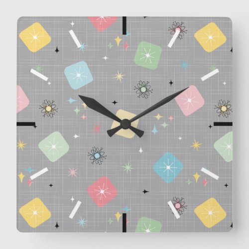 Retro Scattered Atomic Star Explosions Pattern Square Wall Clock