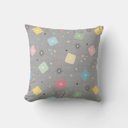 Retro Scattered Atomic Star Explosions Pattern Throw Pillow