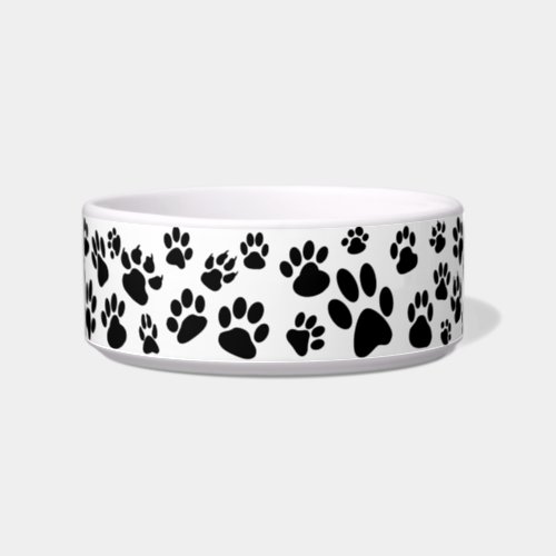Retro Scattered Dog Paw Prints Black and White Bowl