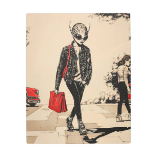 Retro Sci-Fi Chic: Alien Struts Through a Vintage Metal Print