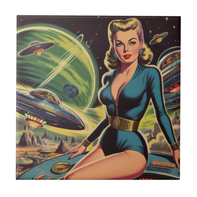 Retro Sci Fi Girl Ceramic Tile (Front)