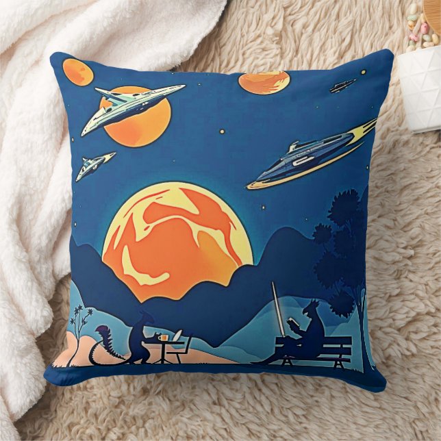 Retro Sci-Fi Planet Scene Throw Pillow (Blanket)