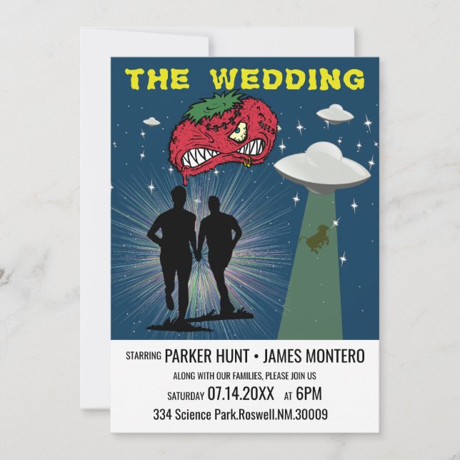 Retro Sci Fi Poster Gay Wedding Invitation (Front)