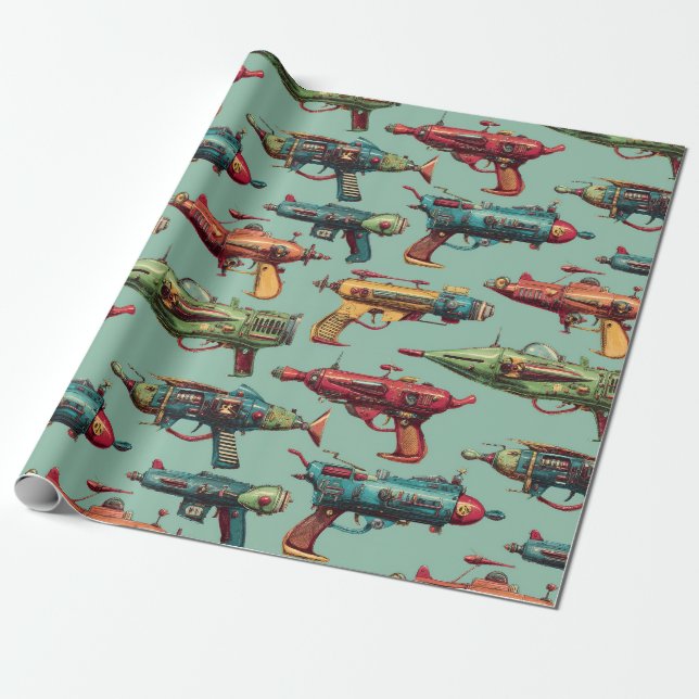 Retro Sci-Fi Ray Gun Pattern Wrapping Paper (Unrolled)