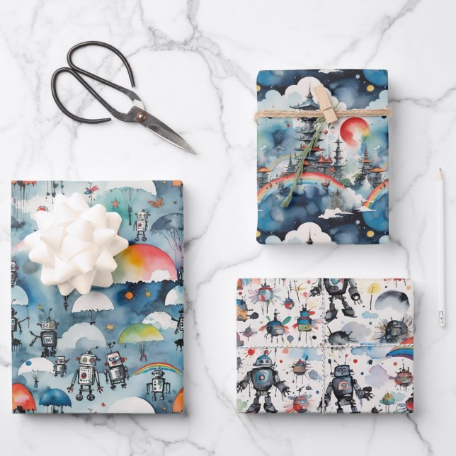 Retro Sci-Fi Robots In Space Wrapping Paper Sheets (Front)