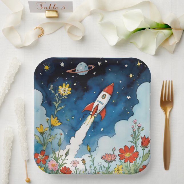Retro Sci-Fi Rocketship Over A Night Garden Paper Plates (Wedding)