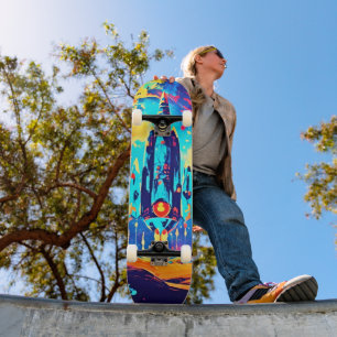 Retro Sci Fi Space Rocket Colorful Skateboard Deck