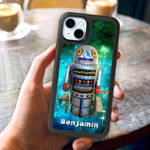 Retro sci fi toy robot blue galaxy custom name fun iPhone 15 plus case