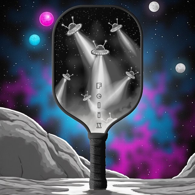 Retro Sci-Fi UFO Invasion Personalized  Pickleball Paddle (Retro UFO pickleball paddle with glowing saucers and name.)