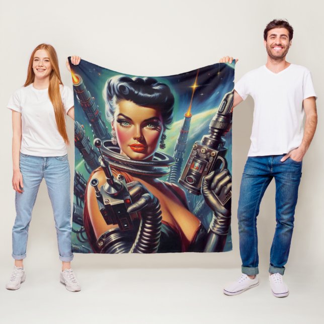 Retro Sci-Fi Woman Painting Fleece Blanket (In Situ)