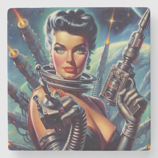 Retro Sci-Fi Woman Painting Stone Coaster (Front)