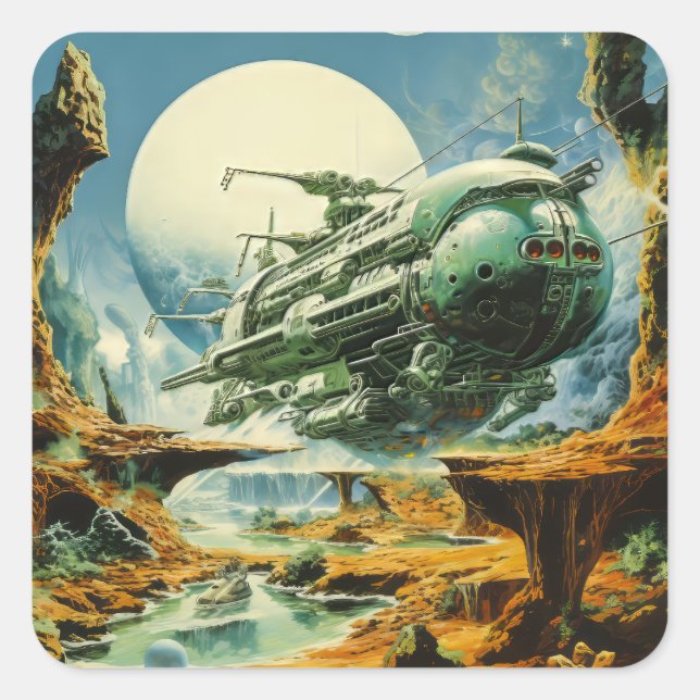 Retro Science Fiction Scene Square Sticker (Front)