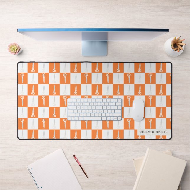 Retro Scissors Orange Checkered Custom Name Large  Desk Mat (Office 1)