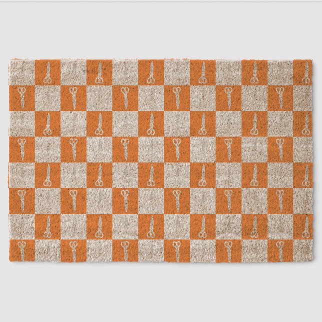 Retro Scissors Orange Checkered Pattern  Fiber Doormat (Front)