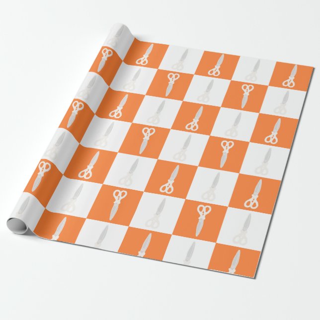 Retro Scissors Orange Checkered Pattern Wrapping Paper (Unrolled)