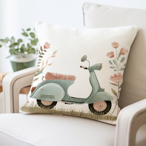 Retro Scooter Pillow Vintage Floral Scooter Throw Pillow