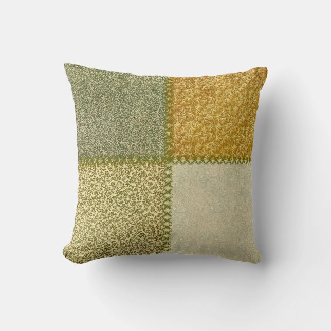 Retro Scrap Patchwork Mustard Greens Pillow (Front)