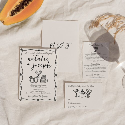 Retro Scribble Hand Drawn Written Unique Wedding Invitation