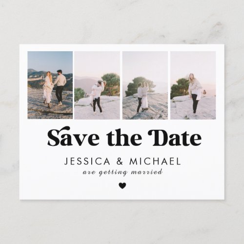 Retro Script 4 Photo Collage Wedding Save The Date Postcard