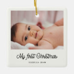 Retro script Baby's First Christmas photo Ceramic Ornament<br><div class="desc">A retro script for this Christmas tree photo ornament. To customize with your favorite family picture. The perfect keepsake gift to celebrate your baby's first Christmas. You can also easily change the color of the font to your liking.</div>
