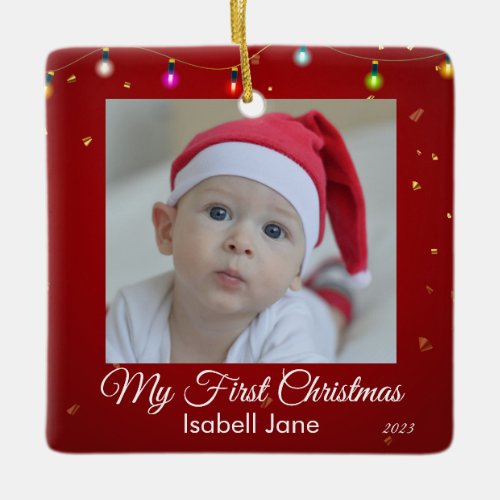 Retro script Babys First Christmas photo  Ceramic Ornament