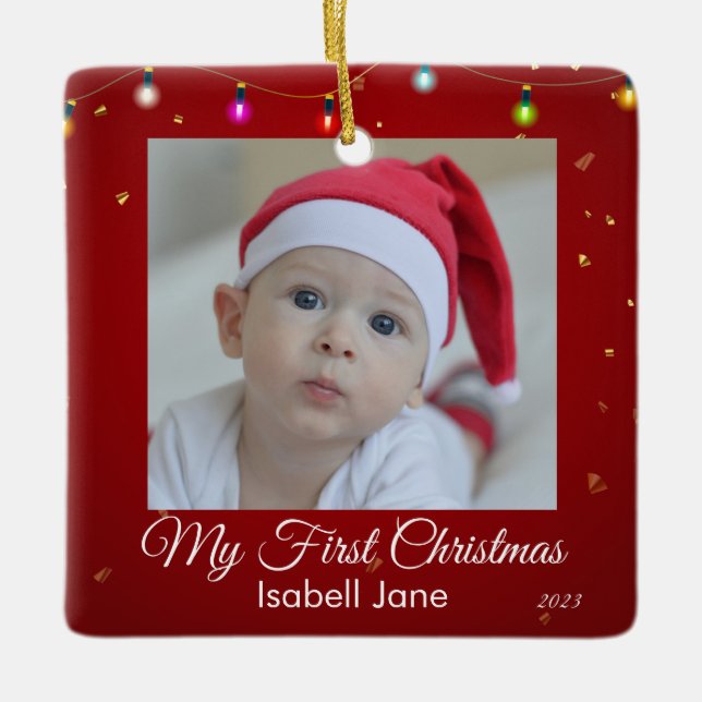 Retro script Baby's First Christmas photo  Ceramic Ornament (Front)