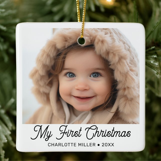 Retro Script Baby's First Christmas Photo  Ceramic Ornament (My First Christmas, Cut Ornament With Photo)