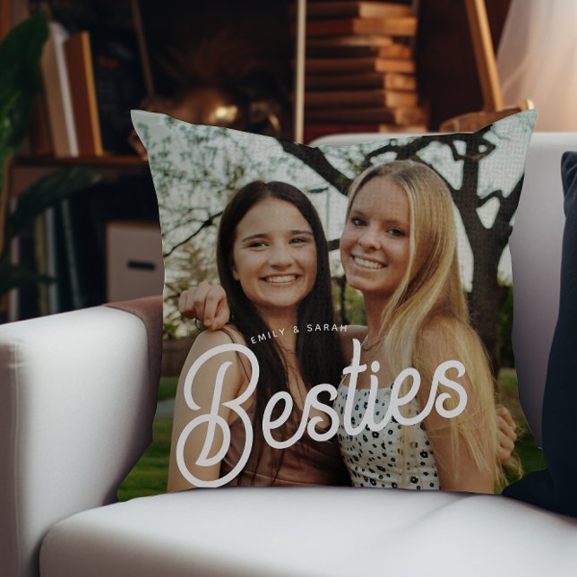 Retro Script Besties Photo Gifts Throw Pillow (Creator Uploaded)