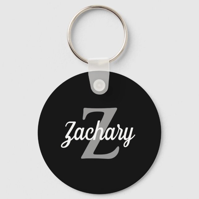 Retro Script Black Gray White Monogram Keychain (Front)