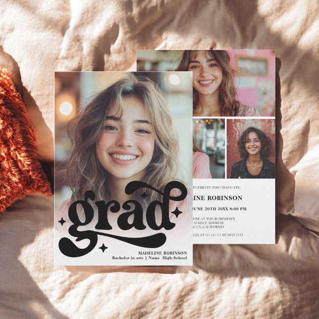 Retro Script Black White 4 Photo Graduation Invitation (Retro Script Black White 4 Photo Graduation Invitation)