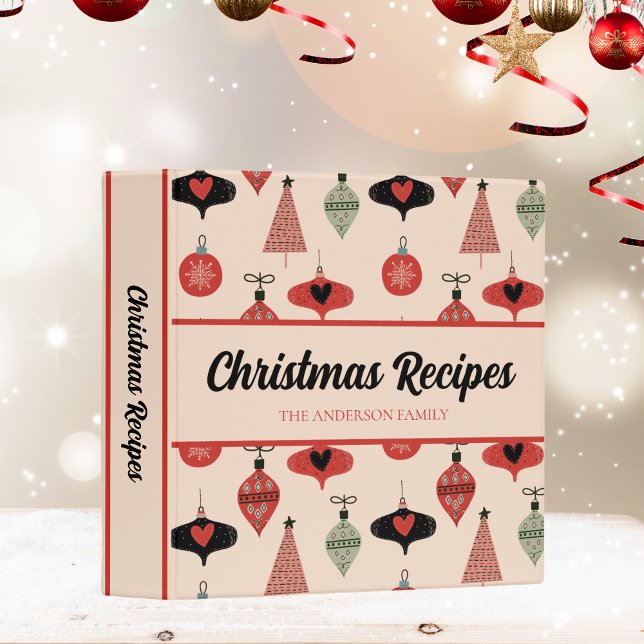 Retro Script Christmas Recipe Binder (Organize holiday recipes with this retro ornament binder—customize your family name!)