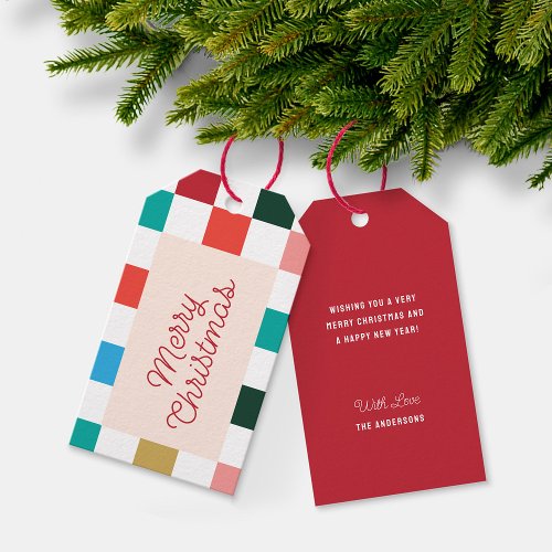 Retro Script Colorful Checkerboard Merry Christmas Gift Tags