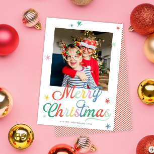 Retro Script Colorful Merry Christmas One Photo Holiday Card