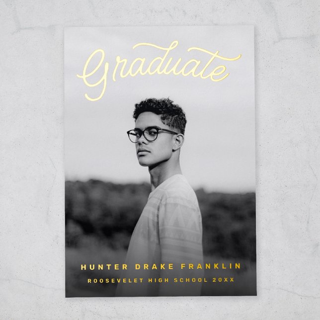 Retro Script Gold Foil Photo Graduation Invitation (Creator Uploaded)
