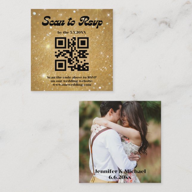 retro script gold rsvp qr code wedding photo enclosure card (Front/Back)