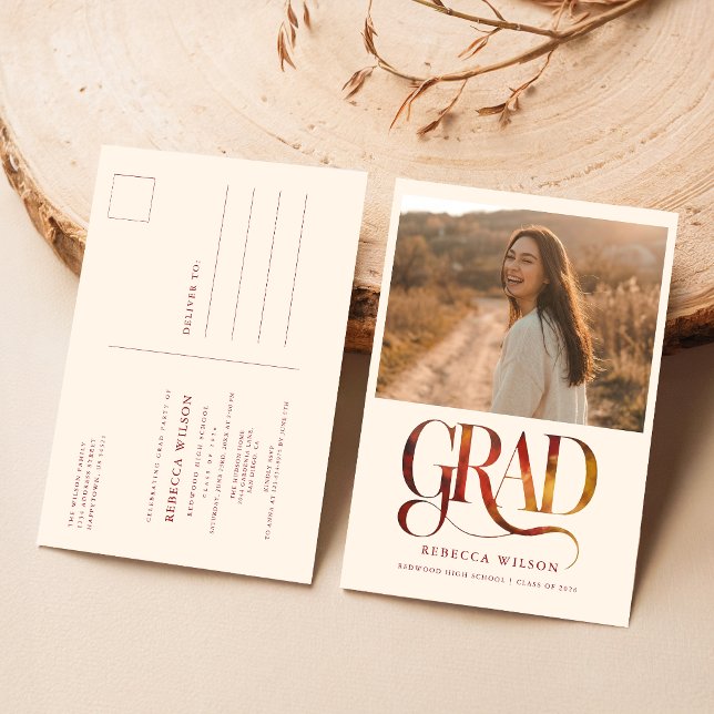 Retro Script Graduate Photo Graduation Invitation Postcard (Creator Uploaded)