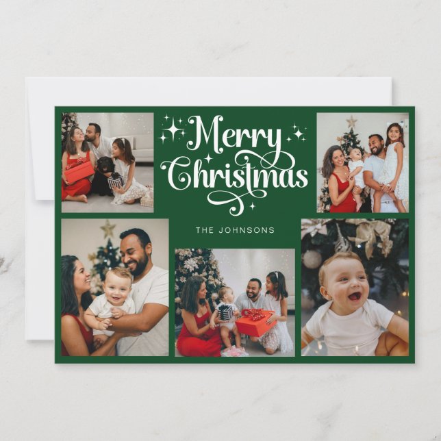 Retro Script Green Merry Christmas Family Photo Holiday Card (Front)