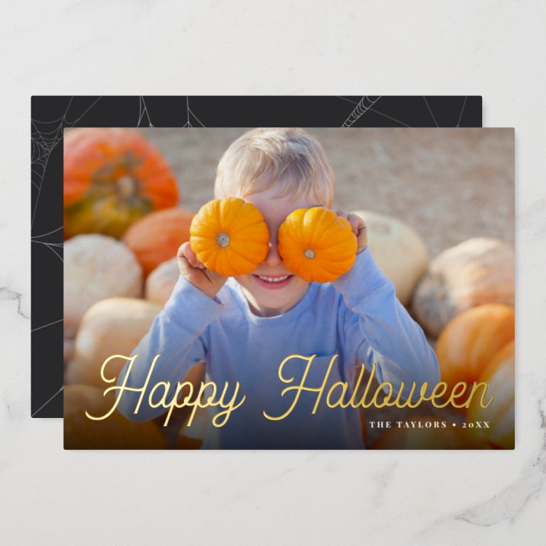 Retro Script Halloween Photo Foil Holiday Card