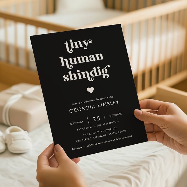 Retro Script Heart Tiny Human Shindig Baby Shower Invitation (Creator Uploaded)