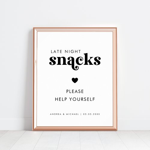 Retro Script Late Night Snacks Heart Wedding Sign