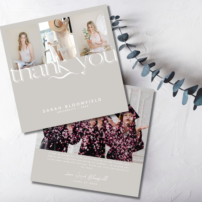 Retro Script | Light Beige Photo Graduation Thank You Card (Creator Uploaded)
