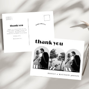 Retro Script Modern Arch 3 Photo Wedding Thank You Postcard