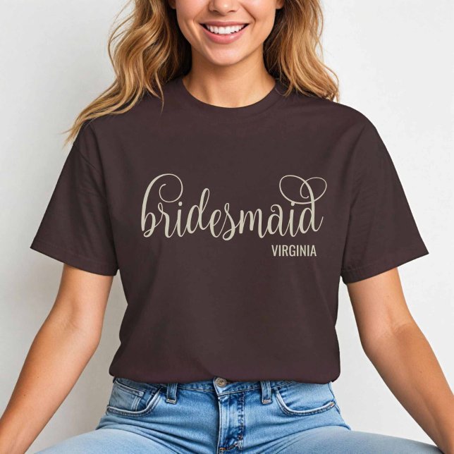 Retro Script Natural on Espresso Brown Bridesmaid  T-Shirt (Natural on Brown Bridesmaid tshirt)