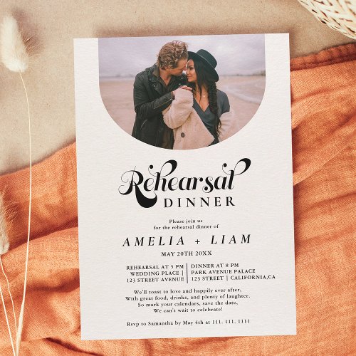 Retro script photo black white rehearsal dinner invitation