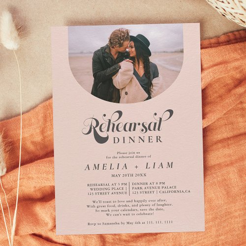 Retro script photo blush pink rehearsal dinner invitation