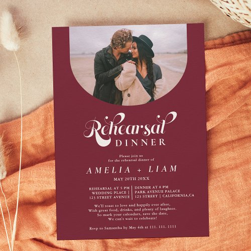 Retro script photo burgundy rehearsal dinner invitation