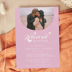 Retro script photo lilac pink rehearsal dinner invitation
