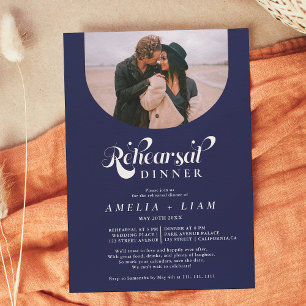 Retro script photo navy blue rehearsal dinner invitation